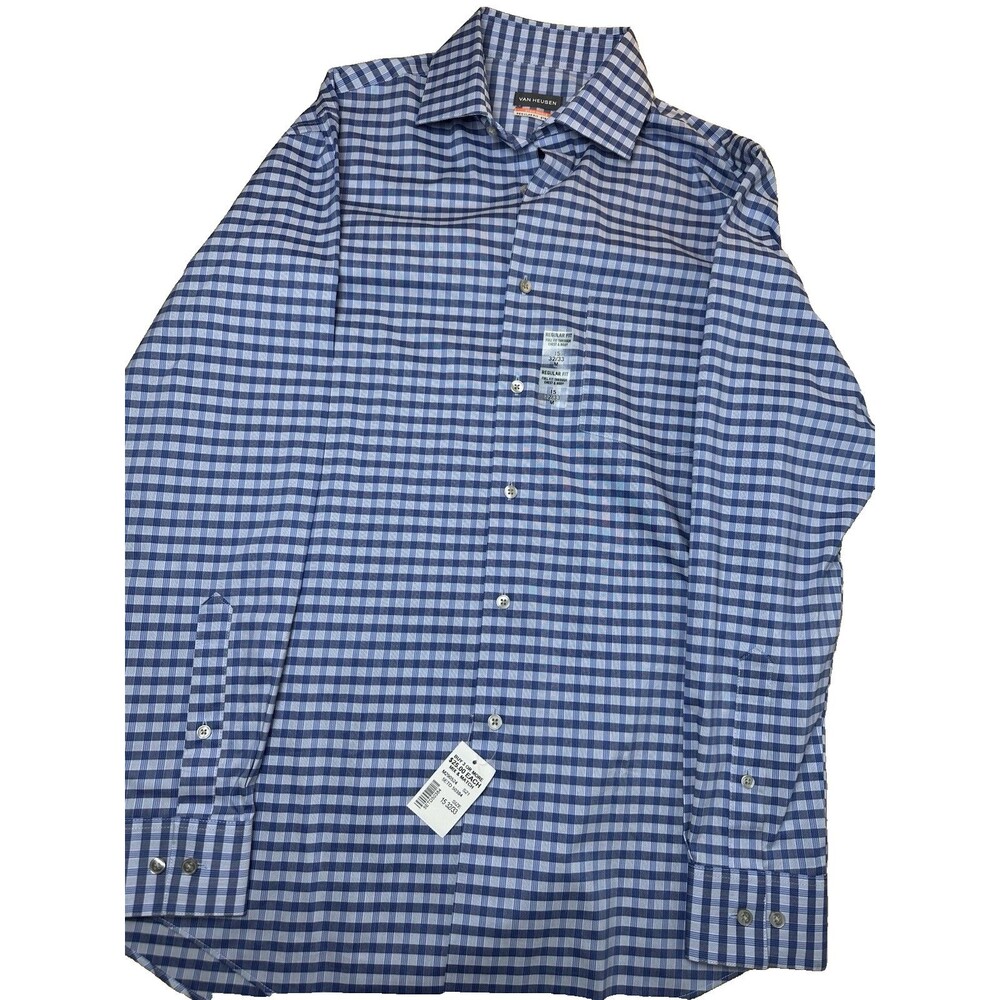 NEW Van Heusen Dress Shirt 15 32/33 Blue Regular Fit Stain Shield Stretch Plaid